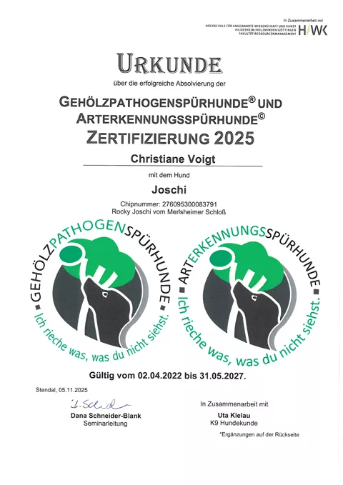 Zetifikat Ausbildungszentrum Gehölzpathogen-Arterkennungs-Spürhund