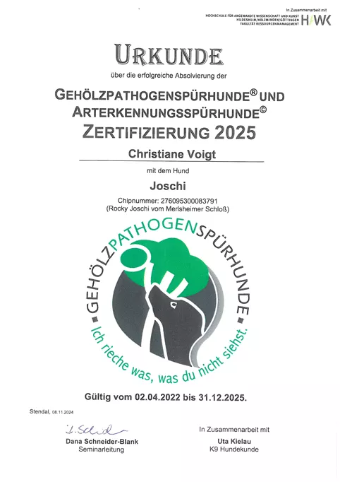 Zetifikat Ausbildungszentrum Gehölzpathogen-Artenerkennung-Spürhund